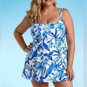 Sonnet Shores Bahama Palm Swimdress 18W Plus Size Blue Floral One Piece Swimsuit